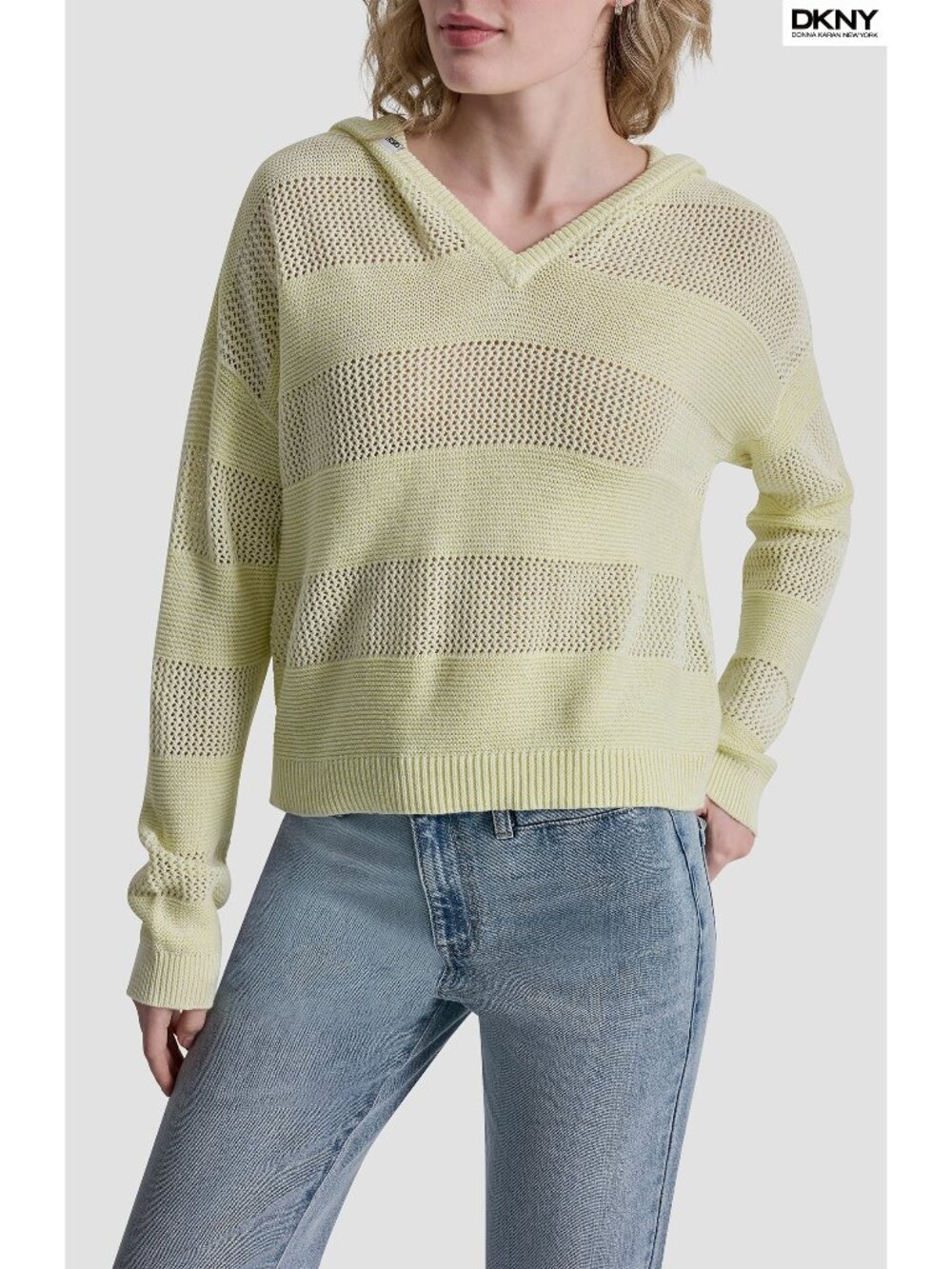 DKNY JEANS NWT POINTELLE STRIPE LEMON LIGHT COTTON HOODED SWEATER. SIZE S - Picture 1 of 11